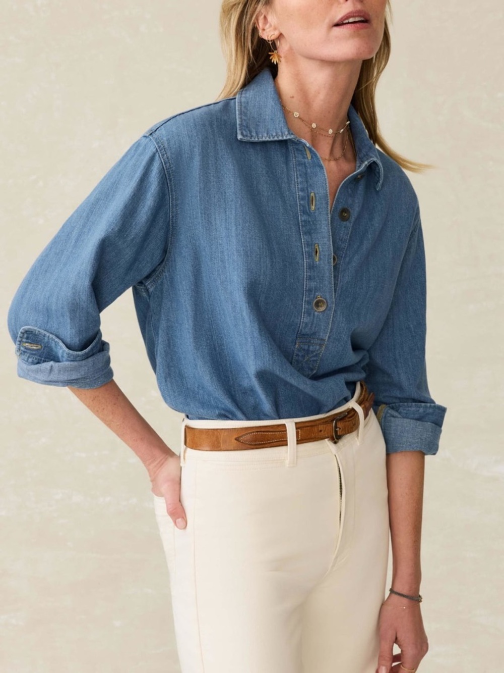 Faherty Light Blue Denim Button-Up Shirt with Tag